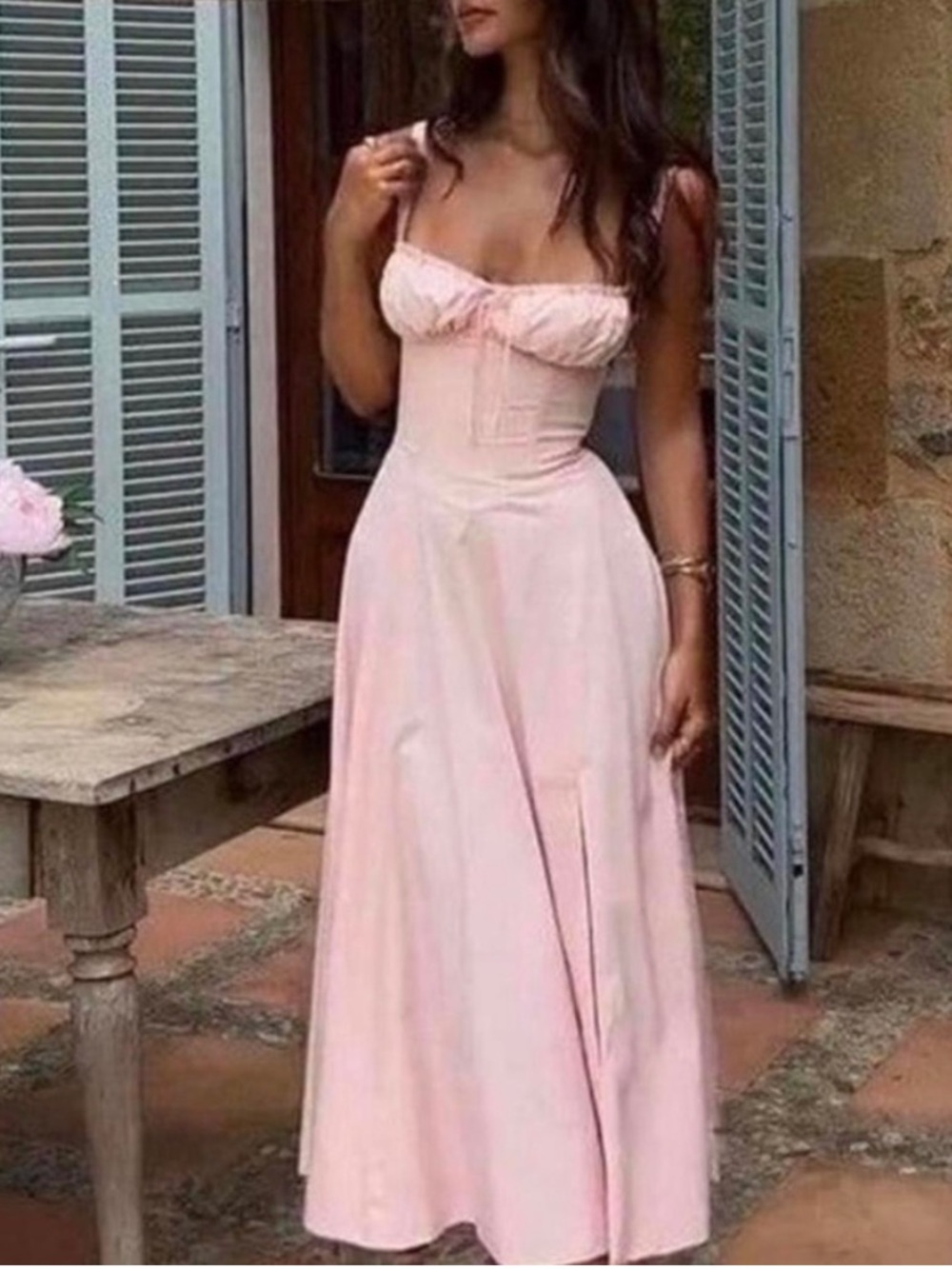 New House of CB Carmen Midi Dress Soft Peach Light Pink Corset Milkmaid Medium